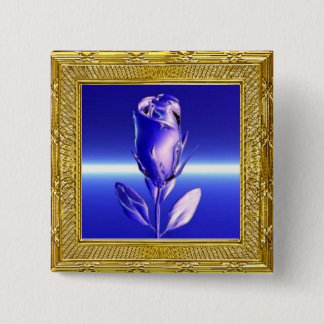 Badge Carré 5 Cm Bouton Rose Bleue dans un Cadre Doré