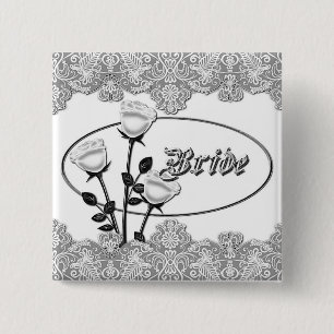 Badge Carré 5 Cm Bouton Roses blanches et Bride dentelle