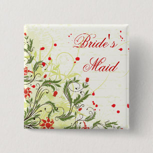 Badge Carré 5 Cm Bouton rouge Vintage Fleurs Bridesmaid