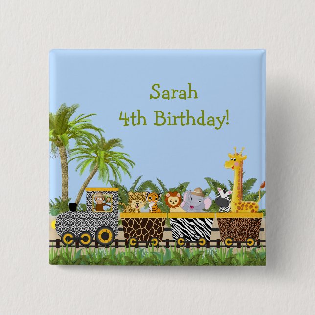 Badge Carré 5 Cm Bouton Safari Jungle Animaux en train (Devant)