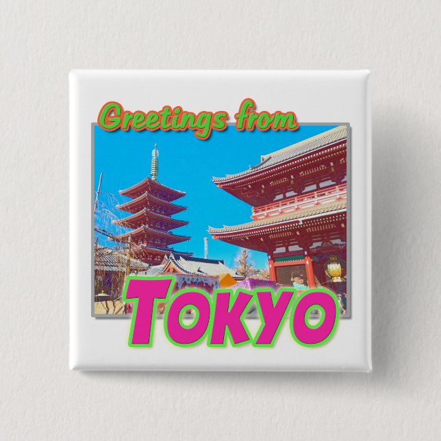 Badge Carré 5 Cm Bouton "Salutations de Tokyo" (Devant)