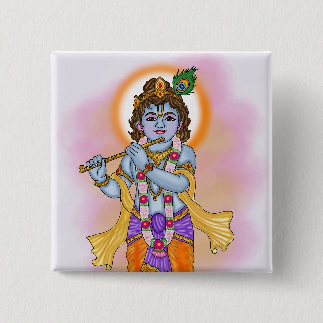 Badge Carré 5 Cm Bouton Seigneur Krishna (Devant)