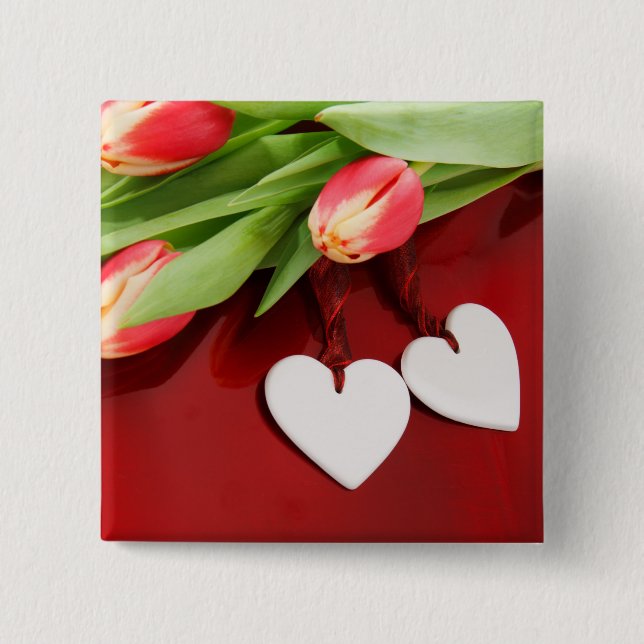 Badge Carré 5 Cm Bouton Tulipes & Coeurs (Devant)