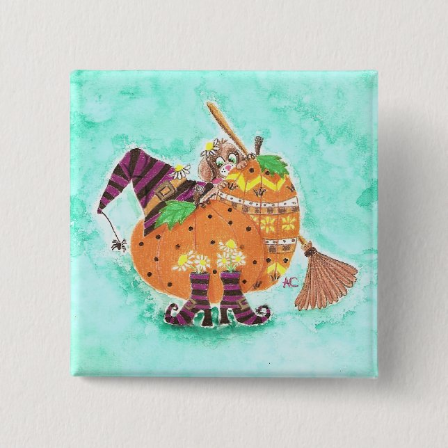 Badge Carré 5 Cm Bouton vert de conception Halloween (Devant)