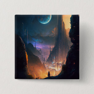 Badge Carré 5 Cm Bouton Ville futuriste de science-fiction