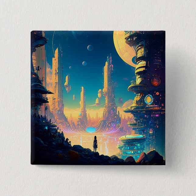 Badge Carré 5 Cm Bouton Ville futuriste de science-fiction (Devant)