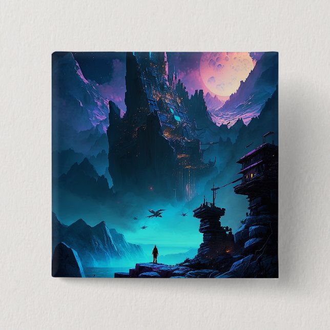 Badge Carré 5 Cm Bouton Ville futuriste de science-fiction (Devant)