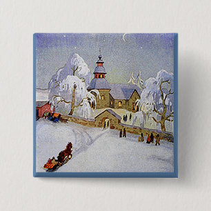 Badge Carré 5 Cm Bouton vintage de scène d'église de village de