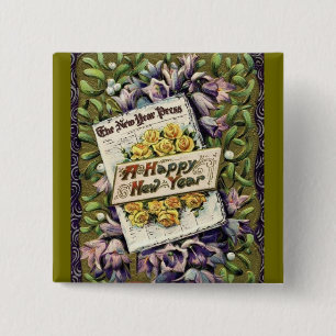 Badge Carré 5 Cm Bouton Vintage Floral Victorien Joyeux Nouvel An P