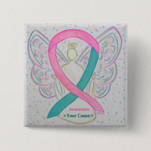 Badge Carré 5 Cm Boutons Angel rose et Turquoise de sensibilisation