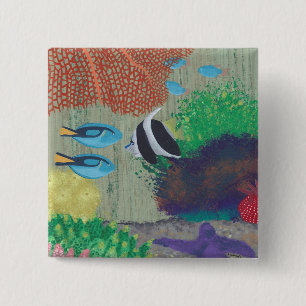 Badge Carré 5 Cm Boutons avec épingle de peinture de poissons tropi