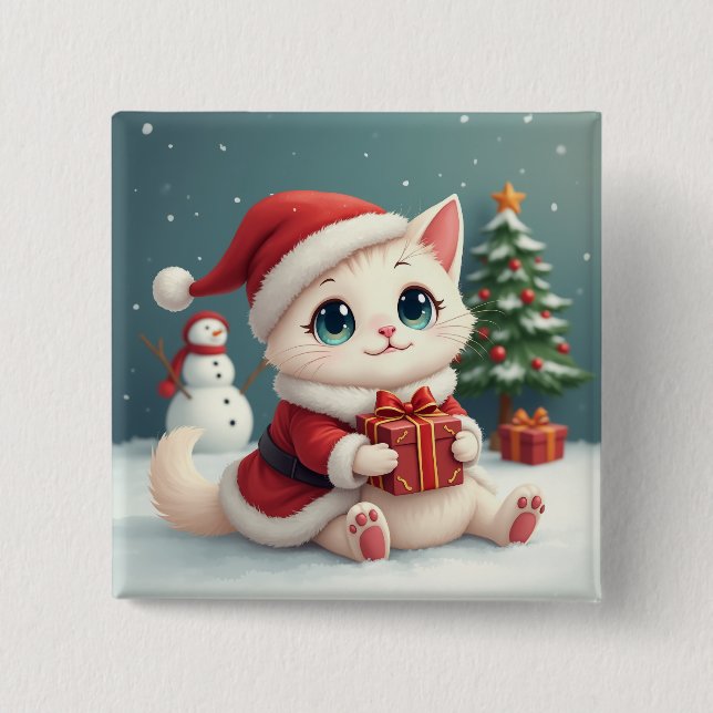 Badge Carré 5 Cm Boutons blancs de chat de Noël (Devant)