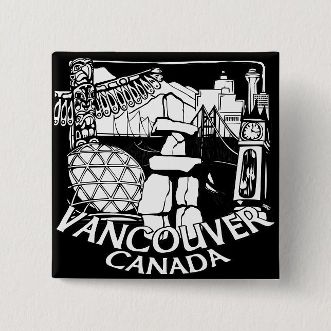 Badge Carré 5 Cm Boutons souvenirs de Vancouver Canada Gastown Art  (Devant)