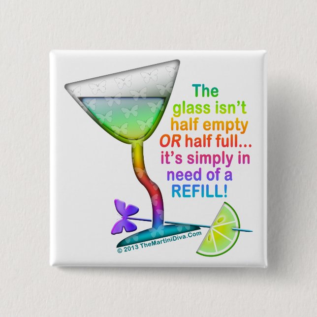 BADGE CARRÉ 5 CM BOUTONS - VERRE À MOITIÉ PLEIN (Devant)