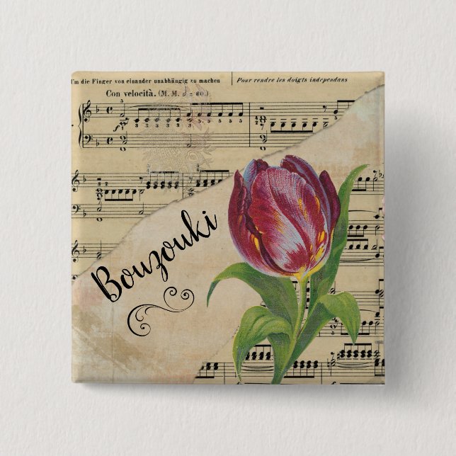 Badge Carré 5 Cm Bouzouki Elegant Tulip Partition Vintage Musique (Devant)