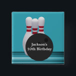 Badge Carré 5 Cm Bowling Birthday Party Button<br><div class="desc">This modern bowling birthday button with bowling pin set on a blue background is the perfect for any birthday party or special event in style. Personalize with your own special text,  and use it for the party or event of your choice.</div>