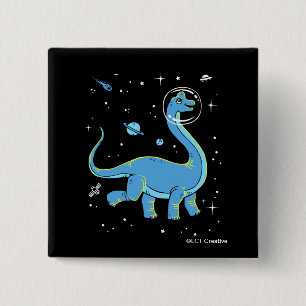 Badge Carré 5 Cm Brachiosaurus Bleu Dinos Dans L'Espace