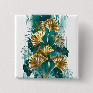 Badge Carré 5 Cm Branche avec Feuilles d'or Ginko Biloba