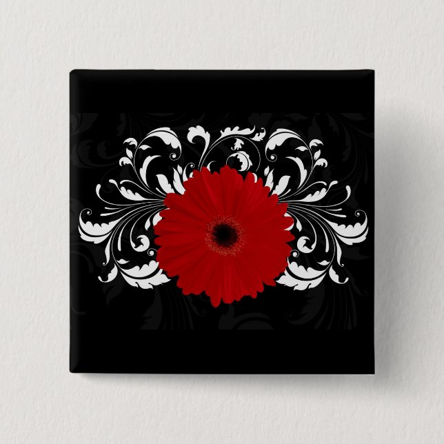 Badge Carré 5 Cm Bright Red Gerbera Daisy on Black (Devant)