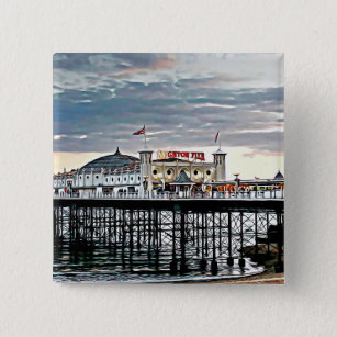 Badge Carré 5 Cm Brighton Pier et ciel nuageux Peinture numérique