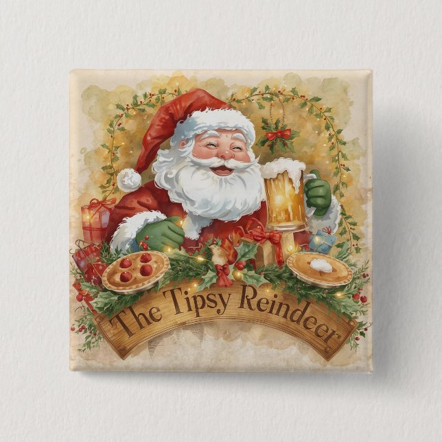 Badge Carré 5 Cm British Christmas Party  Santa in the Pub (Devant)