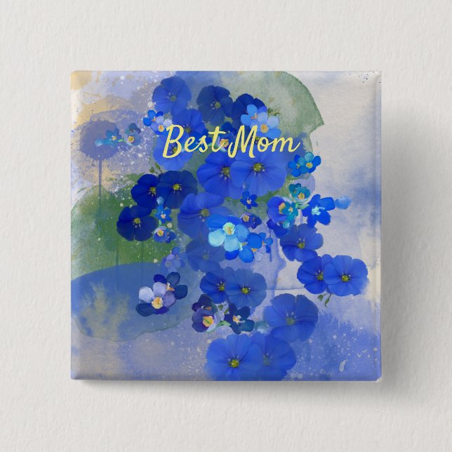 Badge Carré 5 Cm Broche à fleurs bleues (Devant)
