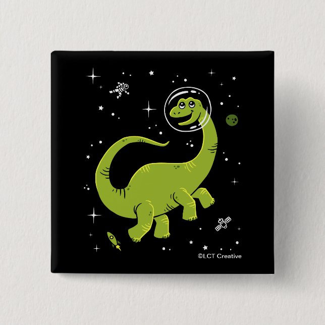 Badge Carré 5 Cm Brontosaurus Vert Dinos Dans L'Espace (Devant)