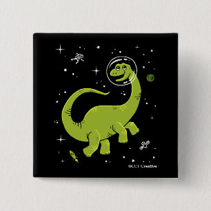Badge Carré 5 Cm Brontosaurus Vert Dinos Dans L'Espace