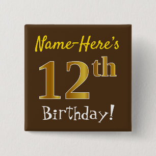 Badge Carré 5 Cm Brown, Faux Gold 12e anniversaire, avec nom person