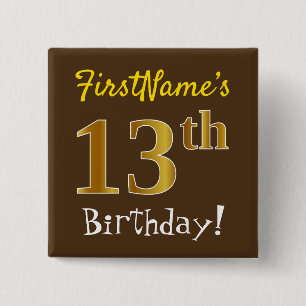Badge Carré 5 Cm Brown, Faux Gold 13e anniversaire, avec nom person