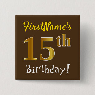 Badge Carré 5 Cm Brown, Faux Gold 15ème Anniversaire, Avec Nom Pers