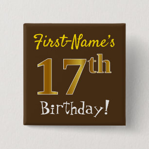 Badge Carré 5 Cm Brown, Faux Gold 17e anniversaire, avec nom person