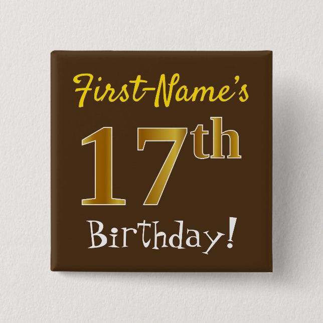 Badge Carré 5 Cm Brown, Faux Gold 17e anniversaire, avec nom person (Devant)