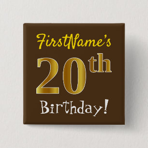 Badge Carré 5 Cm Brown, Faux Gold 20e anniversaire, avec nom person