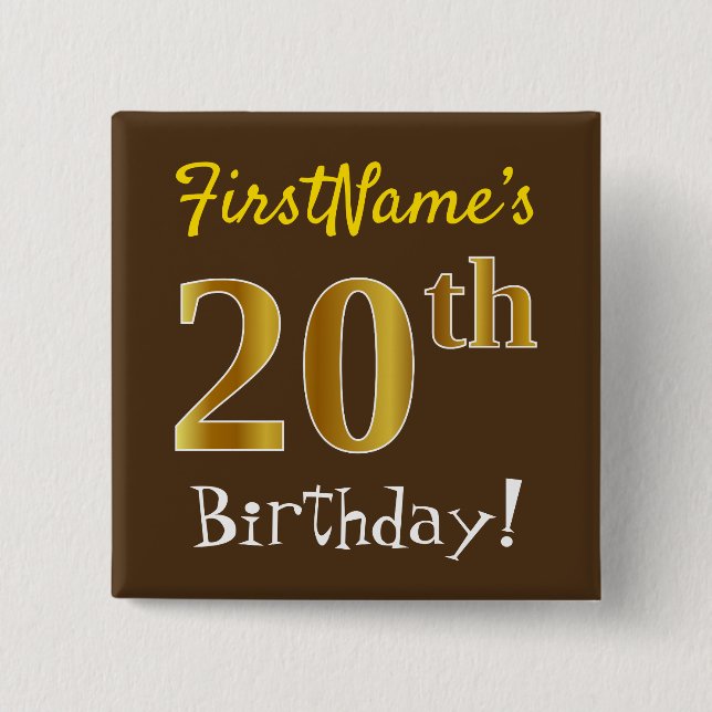 Badge Carré 5 Cm Brown, Faux Gold 20e anniversaire, avec nom person (Devant)