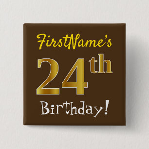 Badge Carré 5 Cm Brown, Faux Gold 24e anniversaire, avec nom person