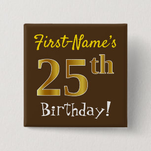 Badge Carré 5 Cm Brown, Faux Gold 25e anniversaire, avec nom person