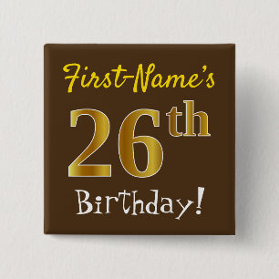Badge Carré 5 Cm Brown, Faux Gold 26e anniversaire, avec nom person