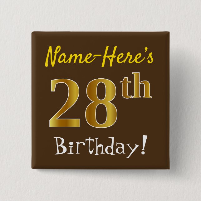 Badge Carré 5 Cm Brown, Faux Gold 28e anniversaire, avec nom person (Devant)