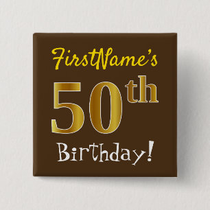 Badge Carré 5 Cm Brown, Faux Gold 50e Anniversaire, Avec Nom Person
