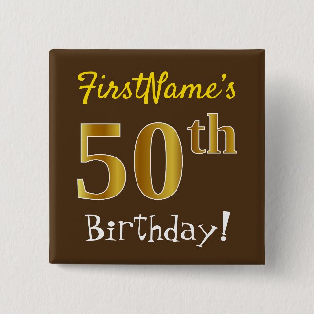 Badge Carré 5 Cm Brown, Faux Gold 50e Anniversaire, Avec Nom Person (Devant)