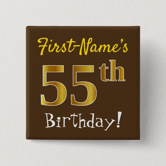 Badge Carré 5 Cm Brown, Faux Gold 55ème Anniversaire, Avec Nom Pers (Devant)