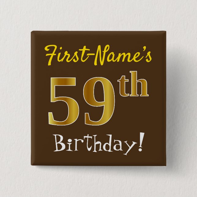 Badge Carré 5 Cm Brown, Faux Gold 59ème Anniversaire, Avec Nom Pers (Devant)