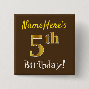 Badge Carré 5 Cm Brown, Faux Gold 5e anniversaire, avec nom personn