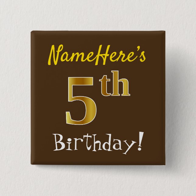 Badge Carré 5 Cm Brown, Faux Gold 5e anniversaire, avec nom personn (Devant)
