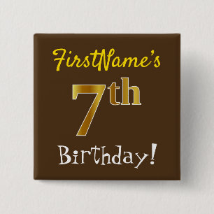Badge Carré 5 Cm Brown, Faux Gold 7th Birthday, With Custom Name