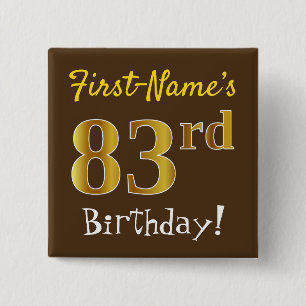 Badge Carré 5 Cm Brown, Faux Gold 83ème anniversaire, avec nom pers