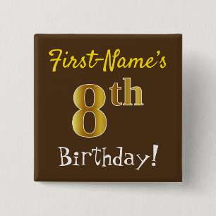 Badge Carré 5 Cm Brown, Faux Gold 8th Birthday, With Custom Name