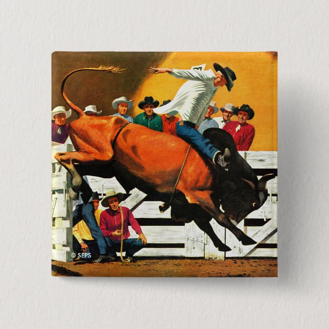 Badge Carré 5 Cm Bull Riding par Fred Ludekens (Devant)