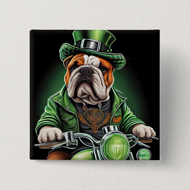 Badge Carré 5 Cm Bulldog Driving Bike St. Patrick's Day (Devant)